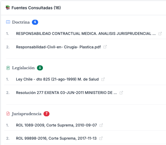Captura de pantalla de la secci&oacute;n de fuentes consultadas en Trifolia, mostrando jurisprudencia, legislaci&oacute;n y doctrina con enlaces verificables